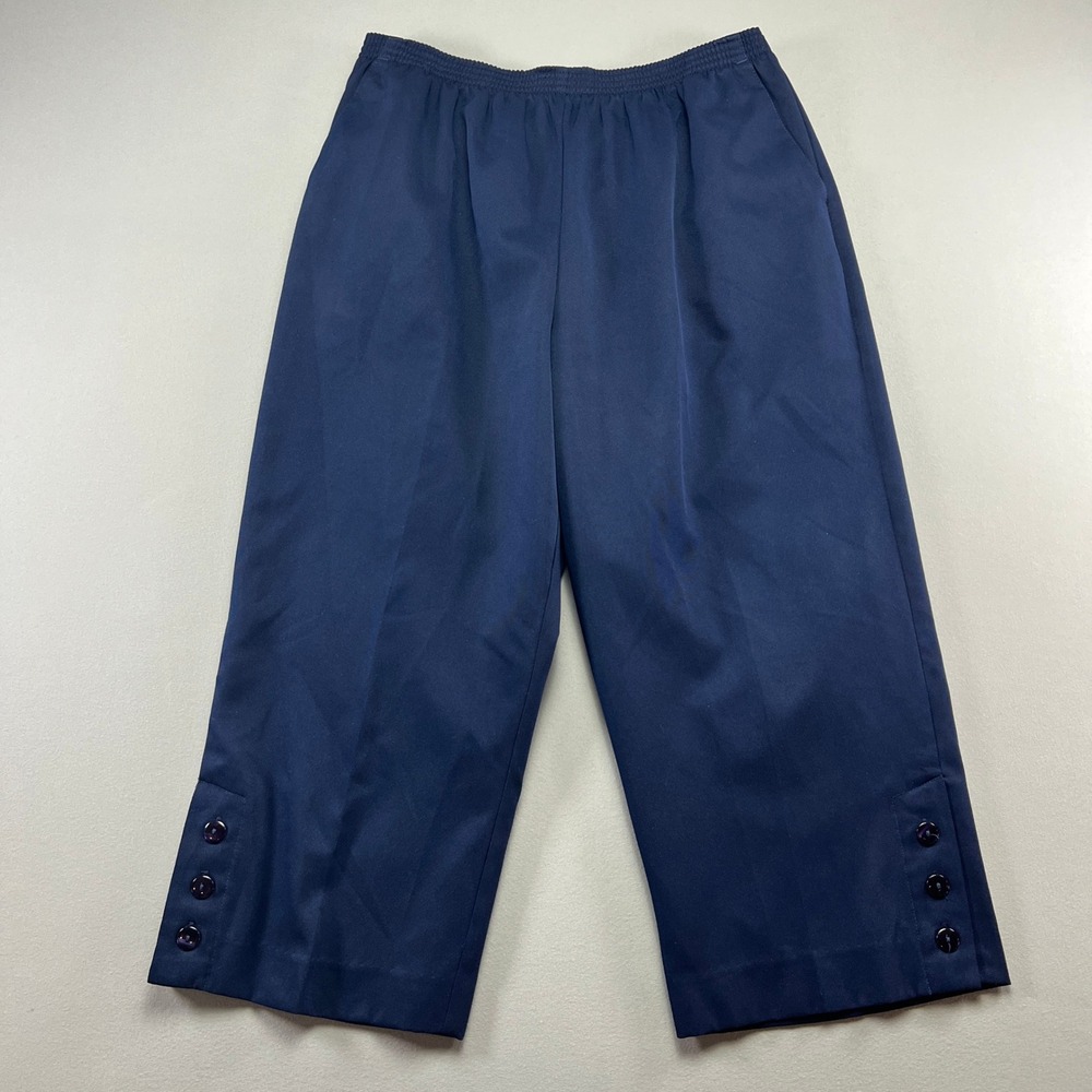 Alfred Dunner Pull On Capri Pants Womens 12 Navy Blue High Rise Button Tab Hem